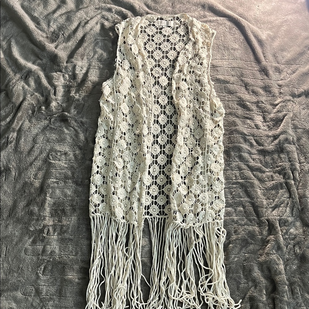 Boho Festival ready Rebellion Again Cream Crochet Fringe long vest size M